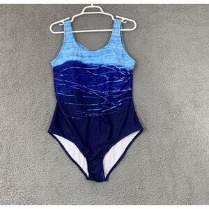 Women's L Blue Color Block Athletic One Piece Swimsuit Racerback Tummy Control